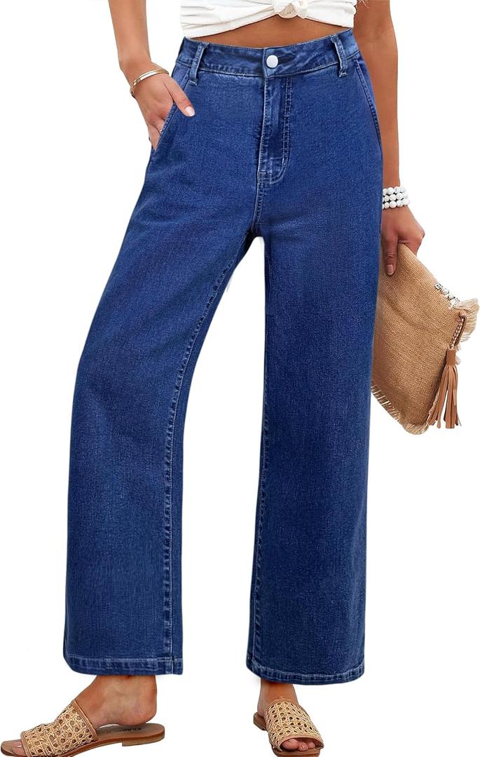 ANRABESS Womens Jeans High Waist Straight Leg Stretchy Ankle Length Denim Pants with Pockets (Large, Washed Navy Blue)