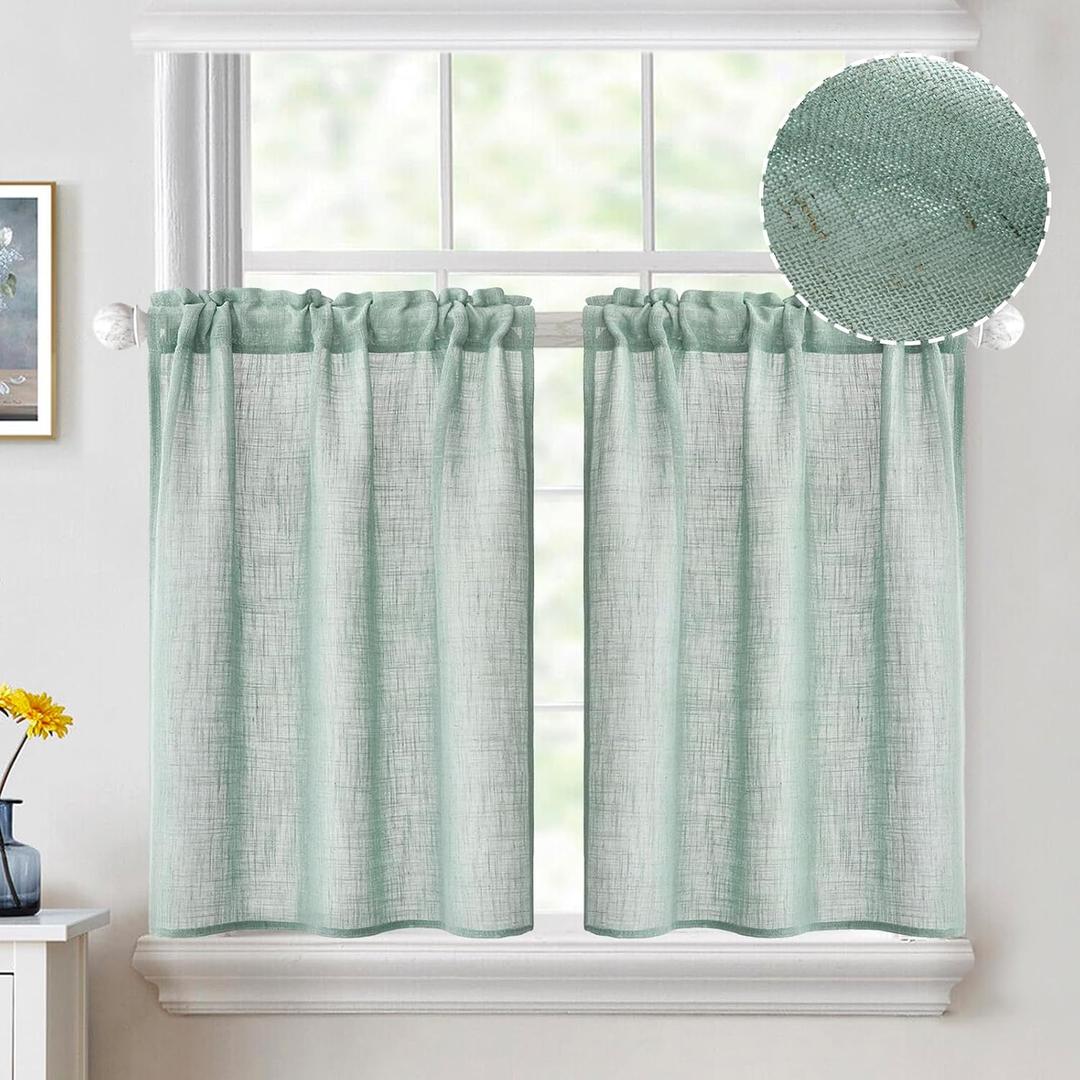 MIULEE Cafe Curtains 36 Inch Length Semi Sheer Light Filtering Half Window Farmhouse Short Linen for Kitchen Bathroom Basement, Rod Pocket Tier 2 Panels W26XL36, Sea Green