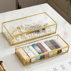 Glass Jewelry Box Set, 2pcs Vintage Rectangle Gold Keepsake Boxes Lipstick Organizer Box Vanity Lidded Box Home Decor Accent Decorative Box for Storage Trinket Rings Bracelet1