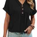 MixShe Women Summer Tops 2024 Spring Fashion Button Down Shirts Short Sleeve Tshirts Dressy Casual T Shirts V Neck Clothes Trendy Ladies Outfits Blouses (Black, XX-Large)