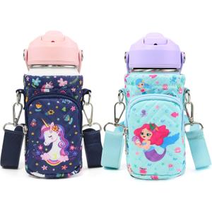 Water Bottle Carrier Bag for Kids, Insulated Holder With Adjustable Strap for 10/12/14/16/18oz Bottles, Sleeve for Boys Girls School Travel Sports (2 Packs-Mermaid+Unicorn)