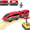 Remote Control Train for Wooden Track Battery Operated Locomotive with Opening Door, Action Figure, Lights & Sounds, Powerful Engine Compatible with Thomas & Brio, Gift for Toddlers 3+