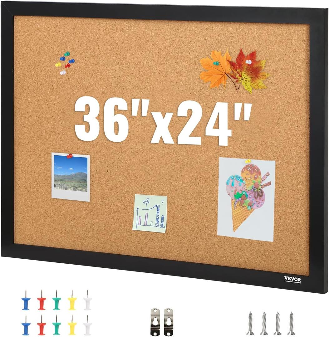 VEVOR 24 x 36 Cork Board, Large Bulletin Board with Black MDF Frame, Wall Mounted Pin Board for Office, School and Home Decor, Hanging Message Board for Pictures and Notes, 10 Push Pins Included