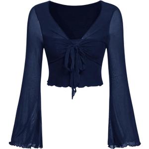 SHENHE Women's Plus Size Lace Tops Bell Sleeve Bow Tie Wrap Hippie Crop Tops Deep Blue 4X-Large Plus