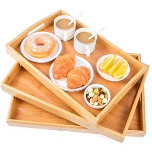 3 Pack Bamboo Serving Trays with Handles, Rectangular Kitchen Food Tray for Eating, Dinner Trays for Eating on Couch, Wood Serving Platter for Breakfast, Tea, Bar, Restaurant, Party or Bed (Beige)
