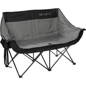 REALEAD Double Camping Chair - Oversized Camping Loveseat for Adults Two Person Support 650 lbs - Heavy Duty Folding Camp Chair with Cooler Bags for Outdoor Sports Beach (Grey)
