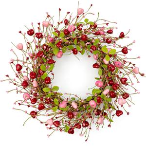 Yawwind 20 Inches Farmhouse Valentine's Day Wreath Romantic Valentines Wreaths for Front Door Rustic Valentines Door Wreath with Red Pink Heart Berry Cherry for Window Wall Wedding Porch Indoor