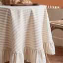 Simihiran Beige White Striped Ruffle Tablecloth 70" Round Farmhouse Flounces Trim Table Cover for Seat 4-6 for Picnic Dining Kitchen Party Wedding Decor