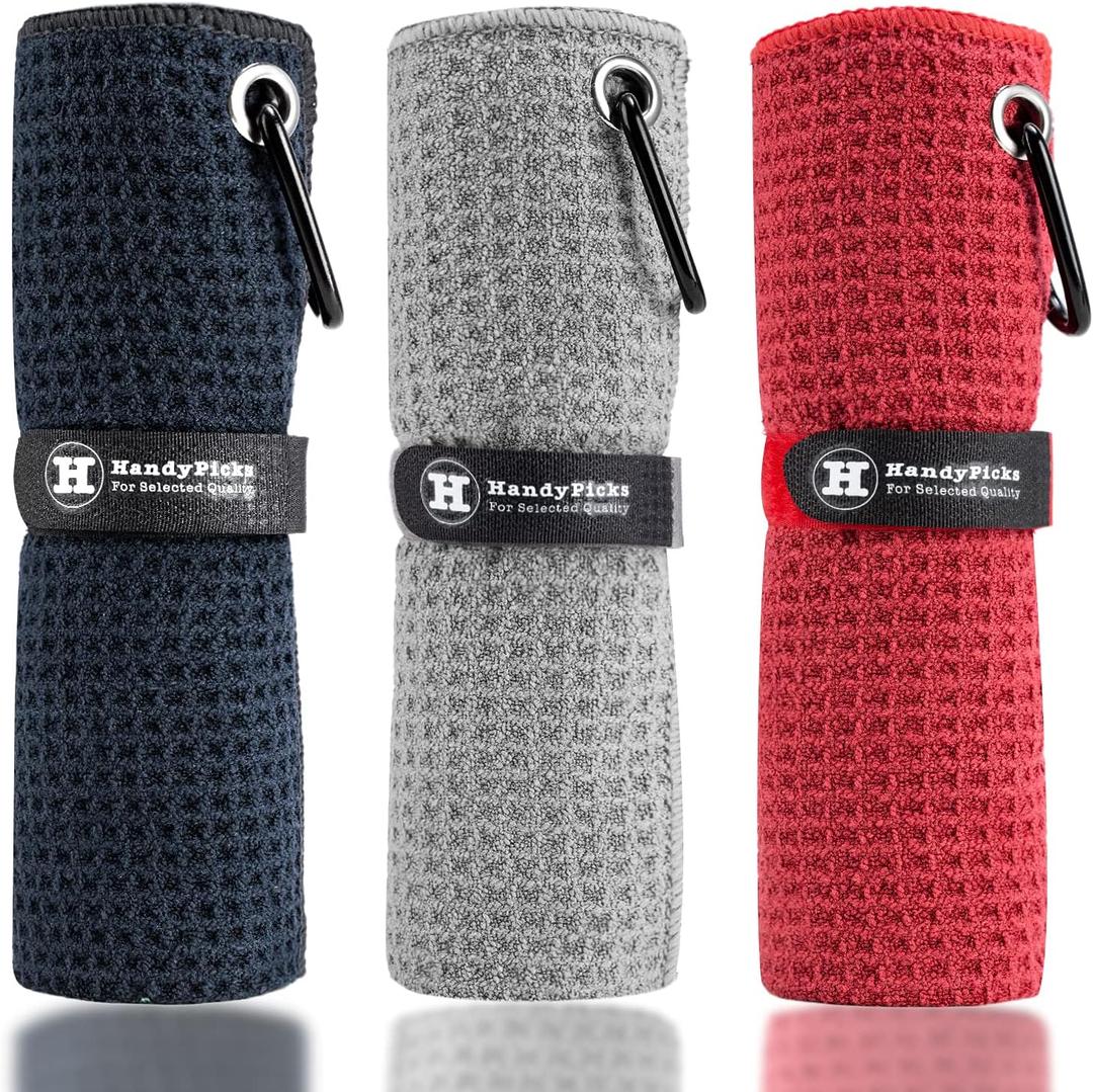 Handy Picks Microfiber Golf Towel (16" X 16") with Carabiner Clip, Waffle Pattern Golf Towel Hook and Loop Fastener - The Convenient Golf Cleaning Towel (Black/Grey/Red)