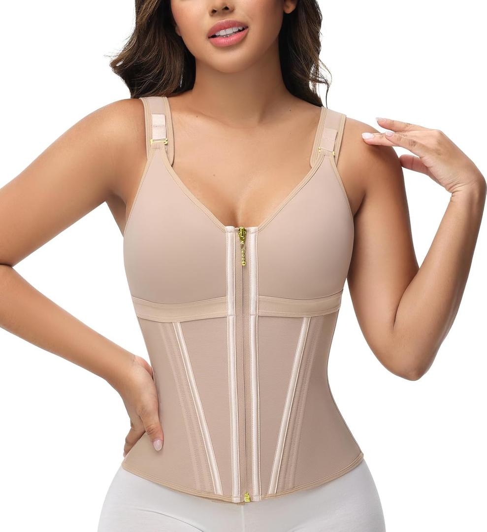 SHAPSHE Waist Trainer Corset for Women Tummy Control Sport Workout Body Shaper Vest for Women Postpartum Gym Zipper and Hooks (X-Large, Tan)