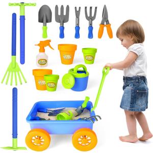 DeAO Kids Garden Wagon Wheelbarrow and Gardening Tools Play Set Includes 10 Accessories and 4 Plant Pots,Great Outdoor Toddler Toys Kids Gardening Set