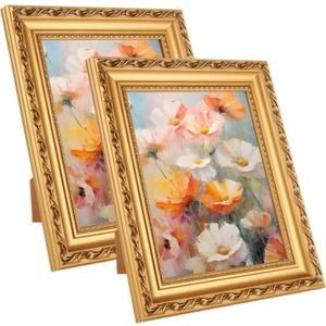 8x10 Inch Vintage Picture Frame with Glass 2 Pack Antique Picture Frames Ornate Baroque Frames, Gold Frame for Canvas Painting Wall or Tabletop Display