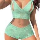 Lilosy Sexy Cupless Crotchless Women Floral Lace Pajamas Lingerie Set High Waist Nightwear Sleepwear Bra Panty 2 Piece (Small, Cupless Mint Green)