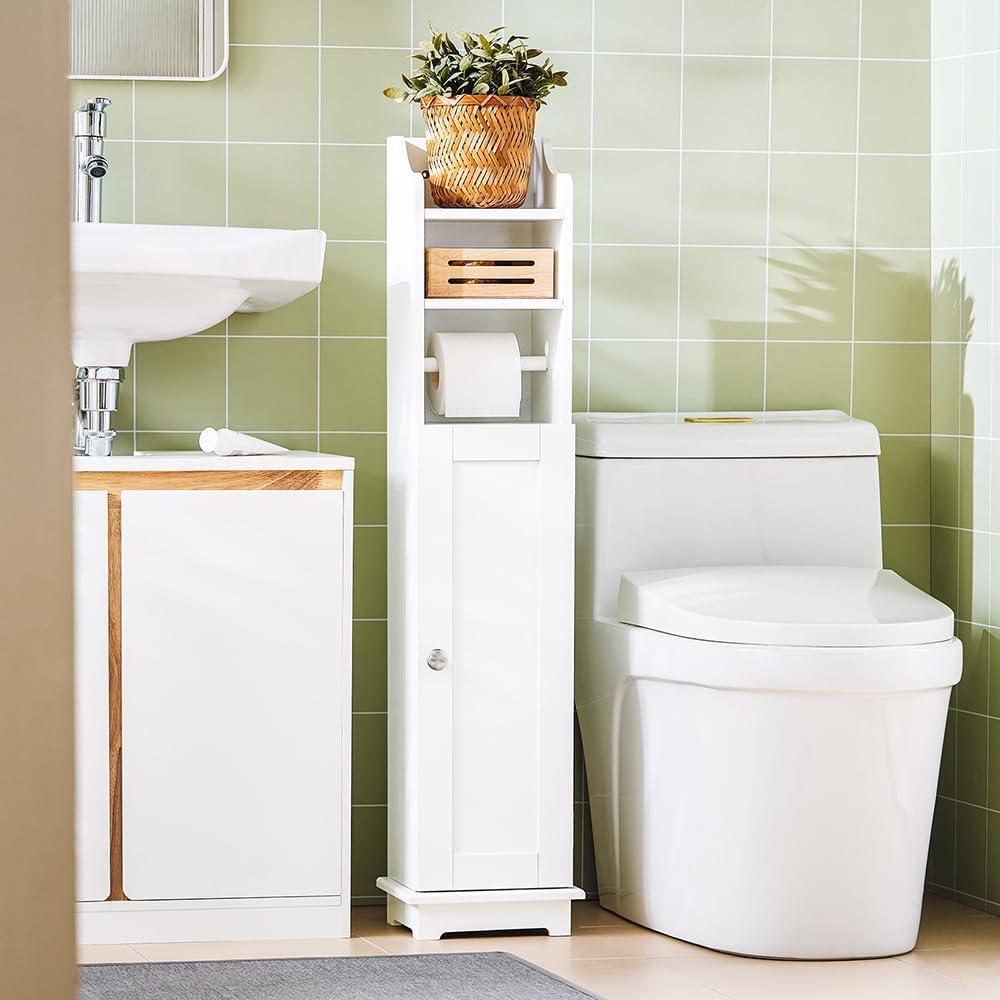 Haotian Corner Toilet Paper Holder Stand, Slim Bathroom Toilet Paper Storage Cabinet Organizer for Small Space, White FRG177-W
