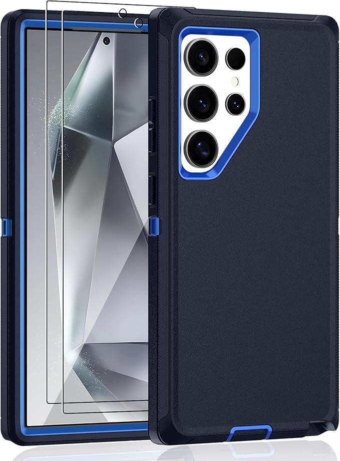 Jshru for Samsung Galaxy S24 Ultra Case with [2 Pack] HD Screen Protector, [MilitaryGrade] Shockproof Dust/Drop Proof 3Layer Full Body Protection Heavy Duty Case for S24 Ultra, Navy