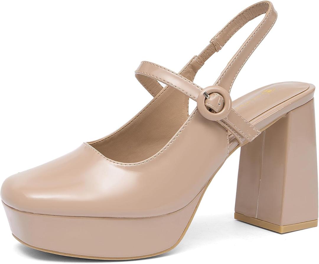 NEWBELLA Women's Square Toe Platform Pumps Slingback Chunky Heels with Adjustable Ankle Strap Party Dress Shoes Nude (9, Beige)