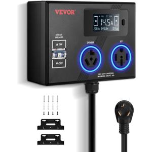 VEVOR NEMA Splitter for Dryer and EV, 3-Color LED Indicator, 240V Smart Power Distribution, with NEMA 10-30 Plug, 10-30 & 14-50 Outlets, Large 3.4-Inch LCD Screen, for Max 24A Dryer or EV
