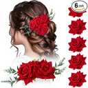 Geyoga Rose Flower Hair Accessories Set for Women - 6 Pcs Hair Clips, Comb, Headpiece, Hairpin, Brooch for Bridal, Wedding, Dancing Party (Red)