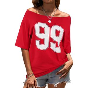 SOFIA'S CHOICE Women Off Shoulder T Shirt Oversized Cotton Graphic Tee Slouchy One Shoulder Top Loose Summer Shirt Red Number Medium (Red, M)