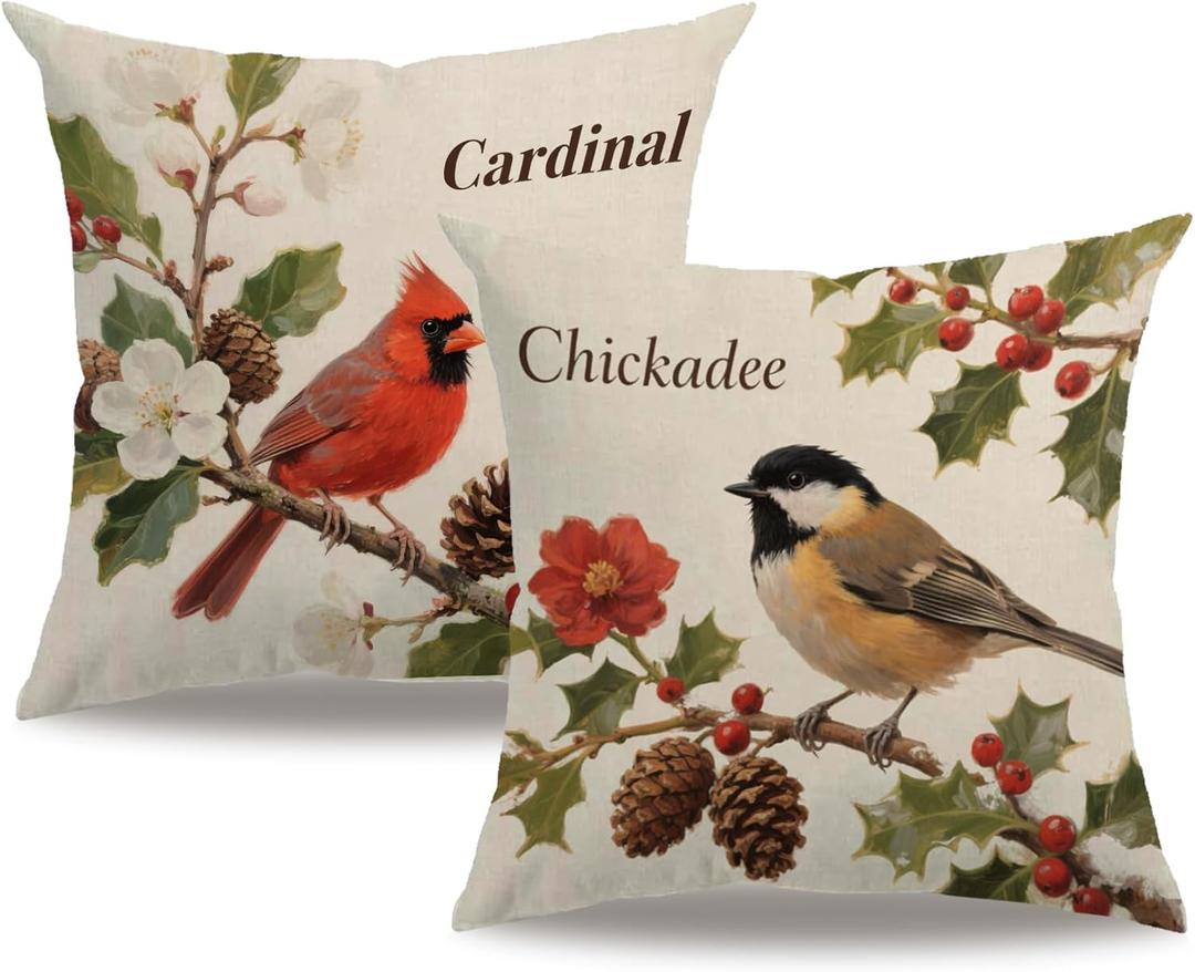 7COLORROOM Set of 2 Christmas Cardinal Throw Pillow Covers Red Birds Stand On Tree Branch with Berry/Red Flower Cushion Cover Farmhouse Christmas Pillowcases 18 x 18 Inch for Seasonal Decor
