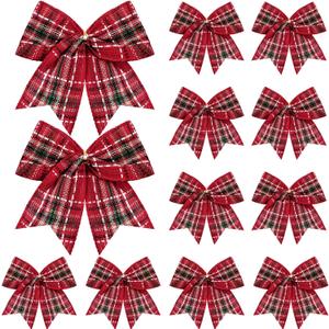 Jetec 12 Pcs Christmas Buffalo Plaid Bows Decorations 6 Inch Christmas Check Plaid Bows Tie Bows Wreaths Ornaments for Xmas Tree Garland DIY Crafts Home Indoor Outdoor Decor (Red, Green Plaid)