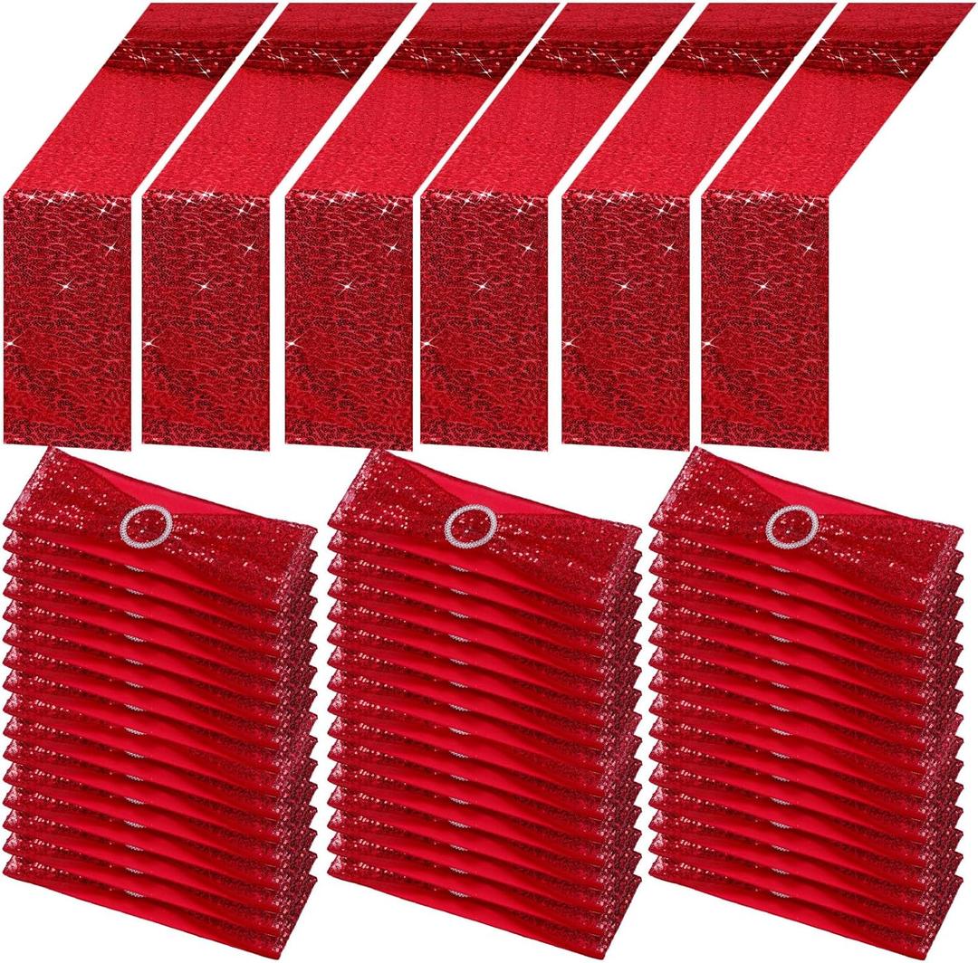 Newwiee 54 Pcs Red Sequin Chair Sashes and Table Runners, 48 Sequin Chair Bows, 6 Glitter Table Runners for Birthday Party Wedding Banquet Holiday Decorations