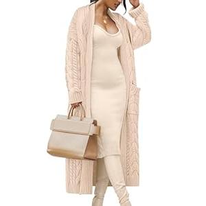 Caracilia Womens Oversized Cable Knit Long Cardigan Sweaters Open Front Duster Coat 2025 Fall Outfits Outwear Apricot Large