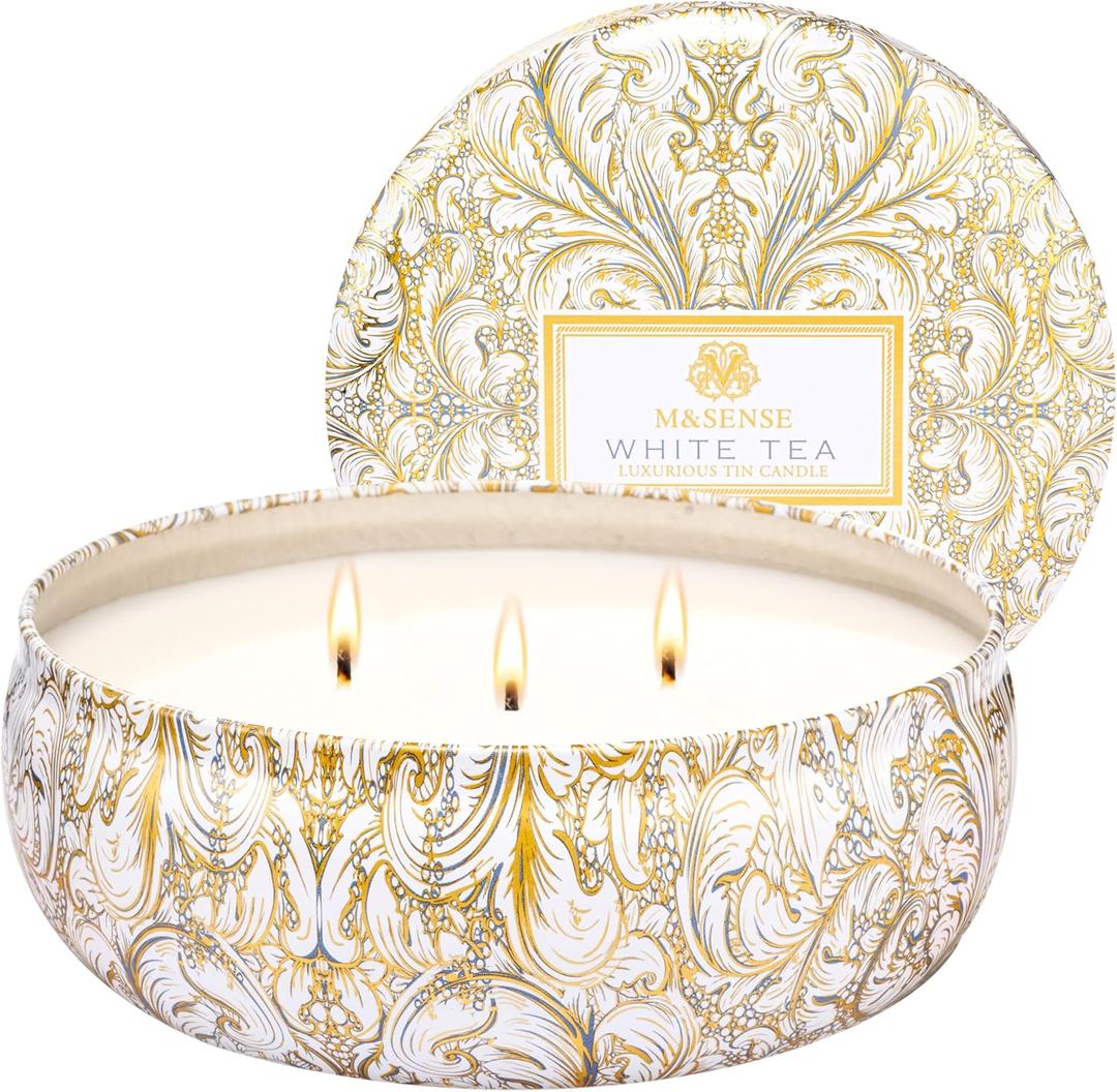 M&SENSE White Tea Scented Candles, Large 3 Wick Soy Tin Candle, Over 40 Hour Burning Time, 100% Natural Vegan Wax, Relaxing Aromatherapy Aesthetic Candle Gift for Women Men