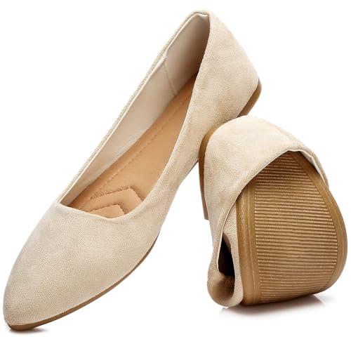 HEAWISH Women’s Black Flats Shoes Comfortable Suede Pointed Toe Slip On Casual Ballet Flats Dress Shoes Nude Flats(Beige, US11)