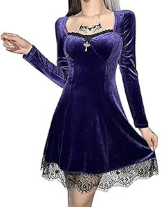 TSMNZMU Gothic Lolita Dress Velvet Long Sleeve Vintage Vampire Dresses Punk Grunge Witchy Dress Emo Alt Fairy Dress (Small, Purple)