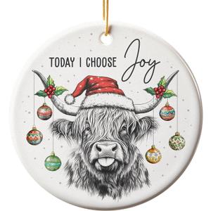 5 x Highland Cow Ornament - Farmhouse Christmas Ornaments - Double-Sided Printed Ceramic Ornament for Christmas Tree Decoration