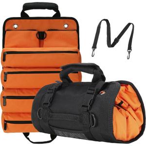 Tool Roll Bag, Tool Bag Organizer, Tool Carrier Roll UP Storage Pouches with 6 Zipper Pockets & Strap, Gifts for Men Mechanic Electrician Hobbyist (Orange)