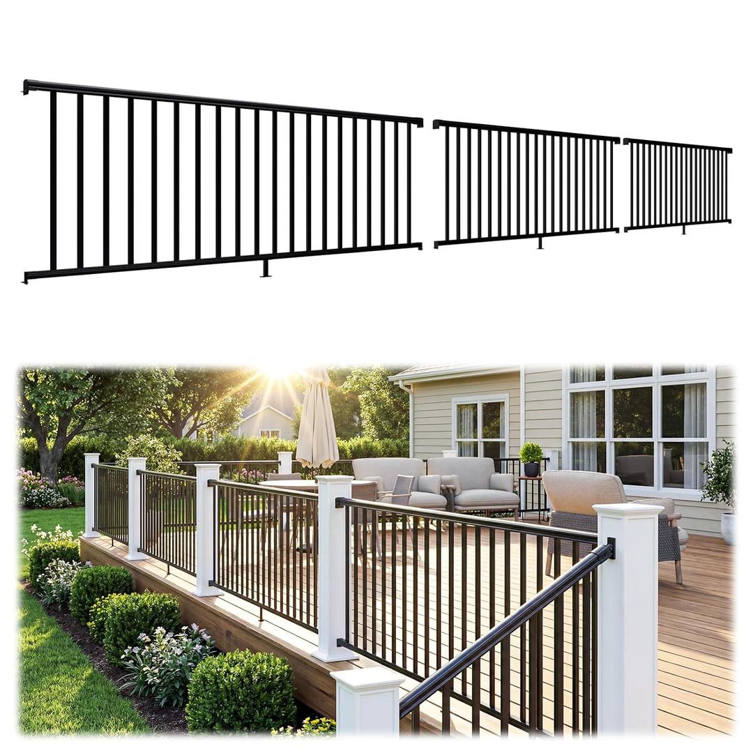 Egadis 3 Pack 36 in. H x 8 ft. W Porch and Deck Railing Kit Without Post, Black Textured AAMA 2604 Powder-Coat Finish Modular Aluminum Railing System for Outdoor Decks, Porches & Balconies (3 Panel)
