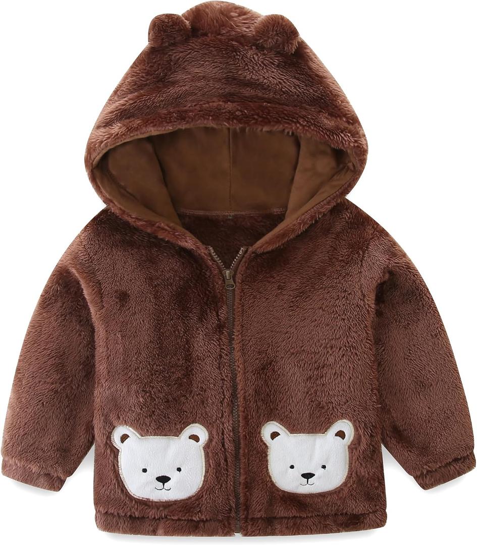 Toddler Winter Coat Fleece Zip up Hooded Bear Ears Warm Fuzzy Baby Kids Jacket Outerwear Sweater (Brown)
