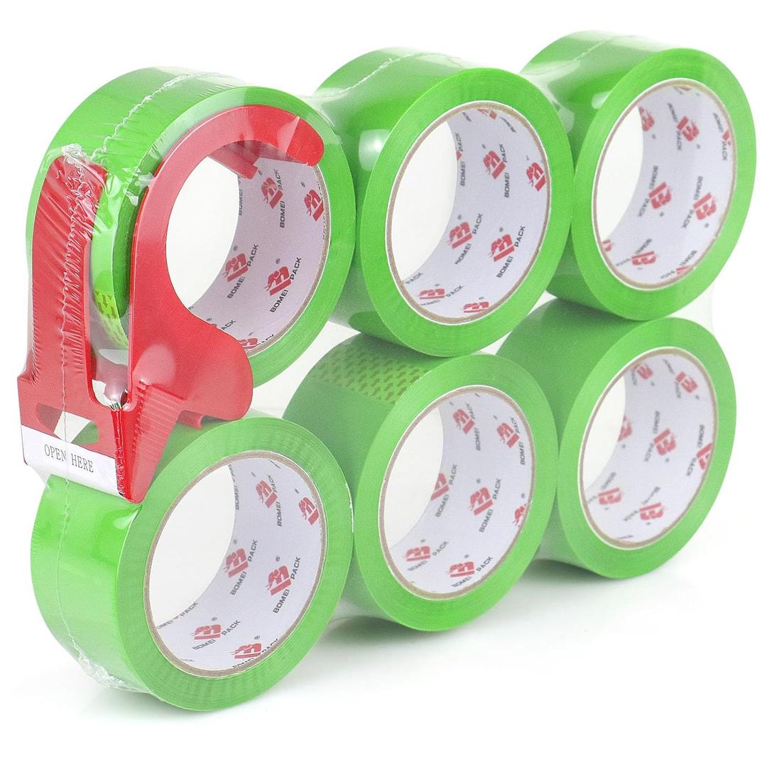 BOMEI PACK Heavy Duty Colored Packing Tape with Dispenser 1.88 Inch x 60 Yards (Green) 6 Rolls, 2.4 mil Industrial Grade Packaging Tape for Shipping, Moving, Mailing & Storage