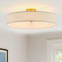 VILUXY Gold Semi-Flush Mount Ceiling Light Fixture 24" Large Modern Ceiling Light with Linen Fabric Drum Shade 5-Light Round Ceiling Lamp for Bedroom Dining Room Entryway