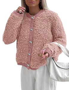 PRETTYGARDEN Women's Faux Fur Shearling Coat Fuzzy Fleece Button Up Trendy Fall Winter Cropped Jackets Outerwear (Pink, Large)