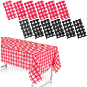 12 Pack Plastic Checkered Tablecloth, 54 x 108 Inch Disposable Waterproof Picnic Table Cover for Camping Outdoor, Rectangle Party Table Cover for Party Picnic Farm Birthday Wedding (Red, Black)