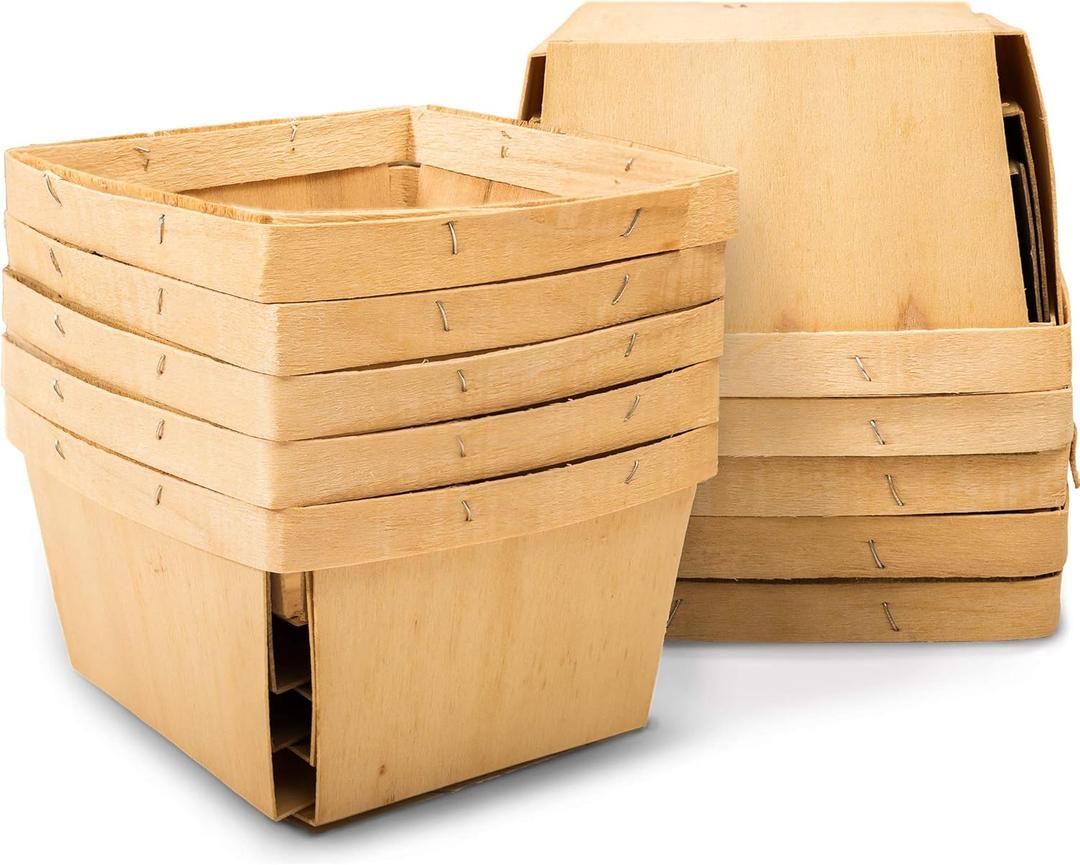 One Quart Wooden Gift Baskets (10 Pack); for Picking Fruit or Arts, Crafts and Decor; 5.75 Square Vented Wood Boxes