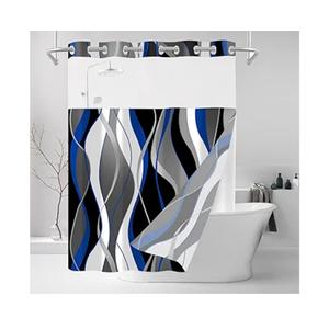 Nkzply No Hook Shower Curtain and Liner Set Blue Striped Shower Curtain with Snap in Liner Fabric Modern Black Grey Bathroom Set See Through Top Window Washable 71x74 Inch