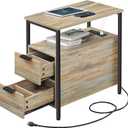 VASAGLE Side Table with Charging Station, Narrow End Table with 2 Drawers, Slim Nightstand and Bedside Table with Storage, for Small Spaces, Oak with Blue Grains and Black ULET321B60