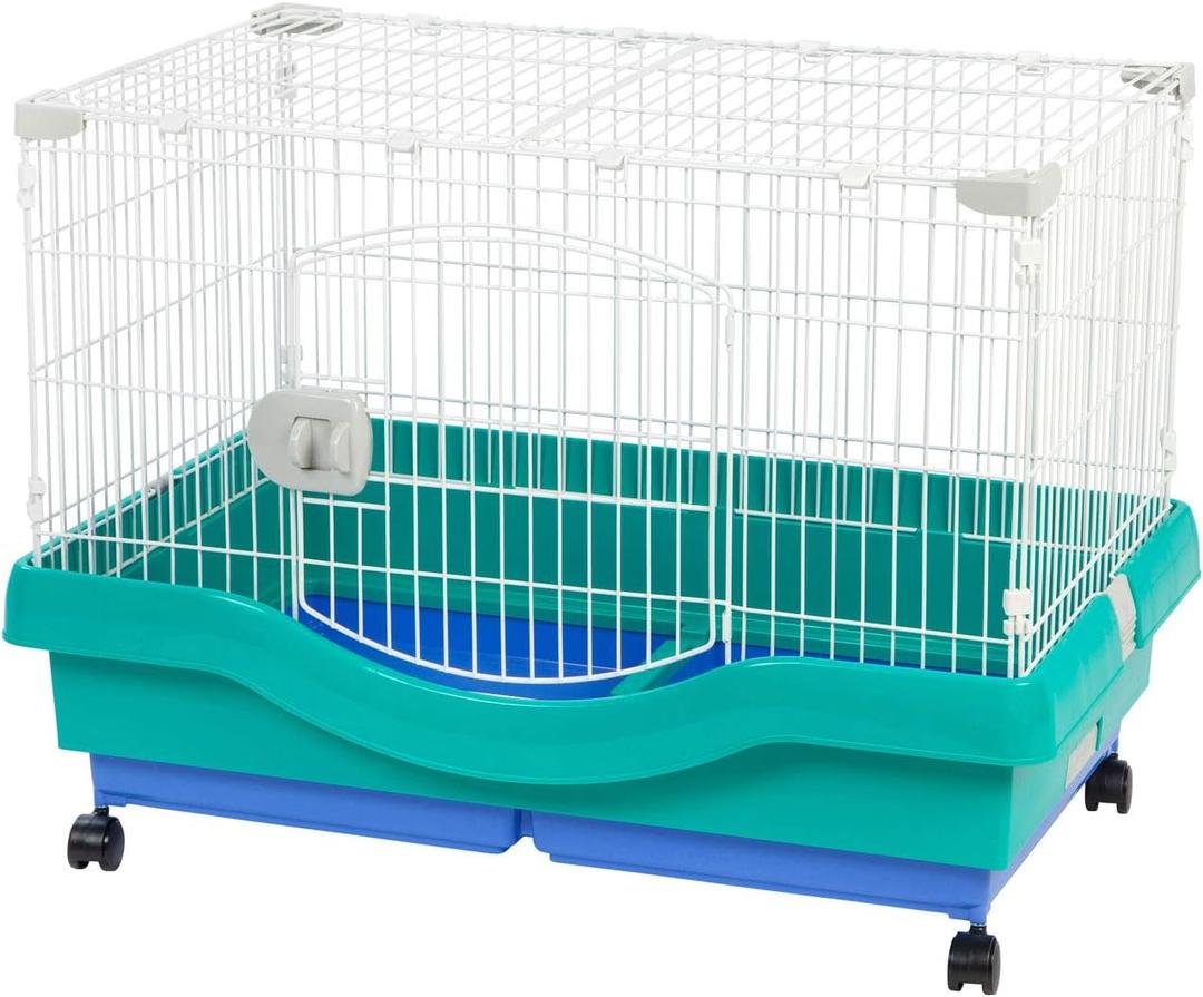 IRIS USA Large Portable Wire Rabbit Cage with Top Access and Two Tray Division, Easy Access Secure Lock and Easy to Clean Movable House for Small Sized Animals Rabbit Guinea Pigs Rat Hamster, Green