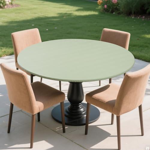 Round Fitted Tablecloth with Elastic Edge,Flannel Backed Vinyl Tablecloths,Wipeable Waterproof Plastic Table Cloth Fits 27" - 32" Round Table for Dining, Camping, Indoor and Outdoor,Light Green