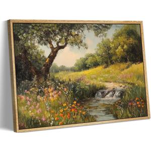 Framed Vintage Canvas Wall Art Poplars Stream Nature Landscape Painting Picture Wall Decor Rustic Flower Cottagecore Print Artwork for Bedroom Living Room Bathroom Home Decoration 8x10in (Rural)