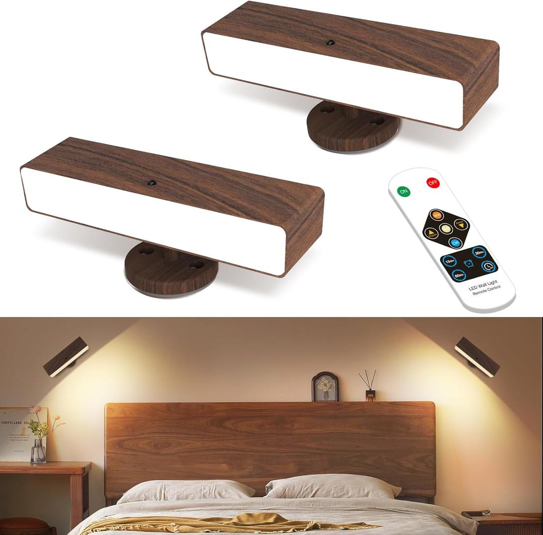 Battery Operated Wall Sconces Set of 2: Wireless Rechargeable Wall Light with Remote&Button, 360 Rotate Magnetic Scone Lighting LED Wall Mount Sconce Lamp for Bedroom Bedside Reading, Wood