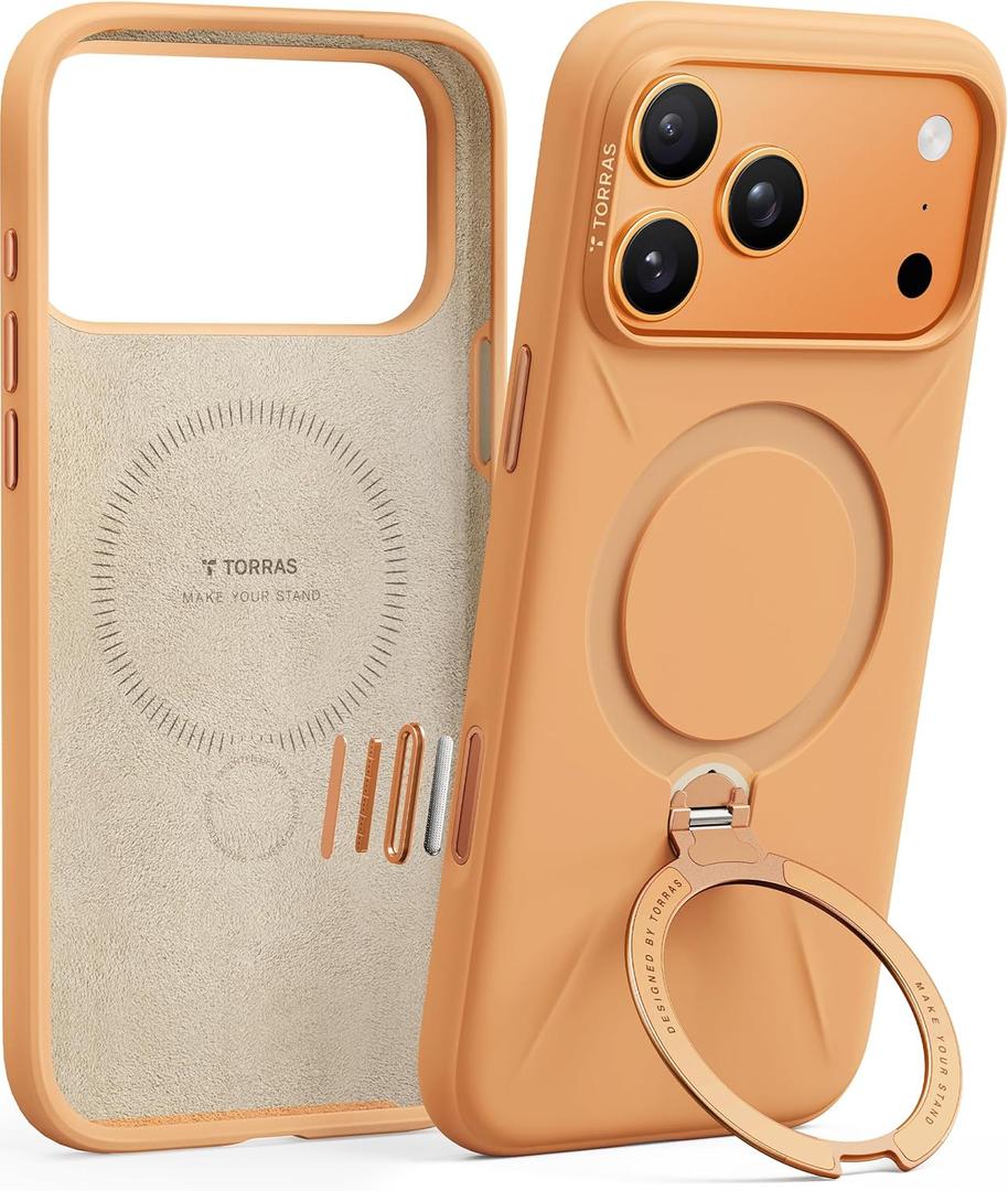 TORRAS Q3 Silicone 360 Spin for iPhone 17 Pro Case with Stand, Fit for MagSafe, Magnetic Ring Stand with Camera Control, Liquid Silicone Rubber Soft Phone Case for iPhone 17 Pro 6.3'', Pastel Orange