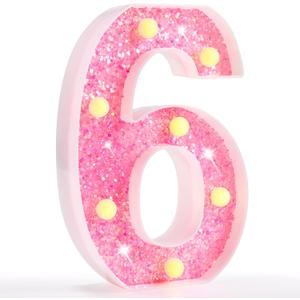 Pooqla Marquee Number Lights, Pink Light Up Numbers for Girls 6th Birthday, Battery Powered Glitter Number Night Light Gift for Christmas Bedroom Dorm Party Decoration, Pink Number 6 (Warm White)