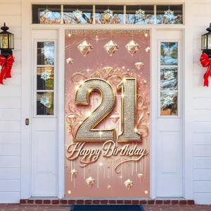 Rose Gold 21st Birthday Door Banner Backdrop for Woman with Diamond and Glitter Design Happy Birthday Entrance Banner Celebration Sparkling Birthday Party Props Decor 71 x 35 inch