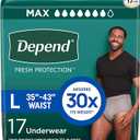 Depend Fresh Protection Adult Diapers, Incontinence Underwear for Men, Disposable, Maximum, Large, Grey, 17 Count