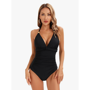 IRCHA Women V Neck Halter One Piece Swimsuit Front Tummy Control Ruched Bathing Suit Backless Back Tie Swimwear, size XXL, Black